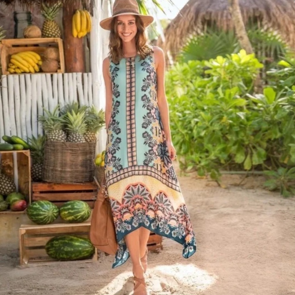 SUNDANCE | Boho Enchanted Island Floral Handkerchief Hemline Dress 10